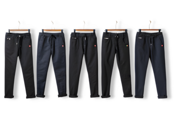 Row of five different styles of men s athletic pants isolated on transparent background