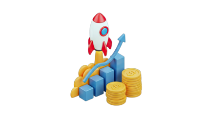 3D Rendered Rocket Launching Upward Arrow Graph and Stacked Gold Coins Illustrating Financial Growth and Business Success on Transparent Background