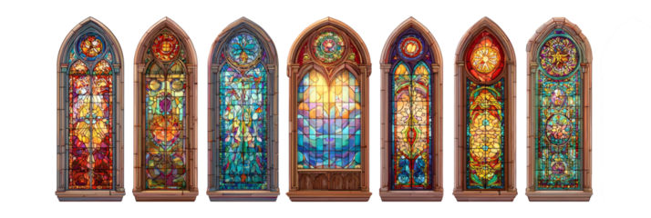Stunning stained glass windows collection offering a vibrant and colorful display of religious artistry, perfect for architectural designs