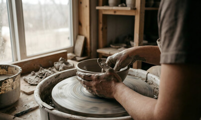 Potter's Hands Working on Clay on a Wheel