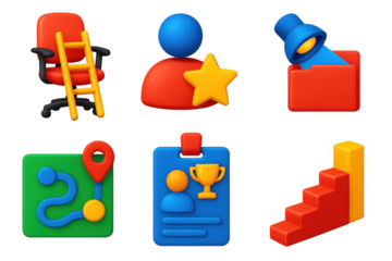 3D Promotion Icons. 3D icon set of internal promotion visuals: ladder leaning on office chair, star badge on existing avatar,