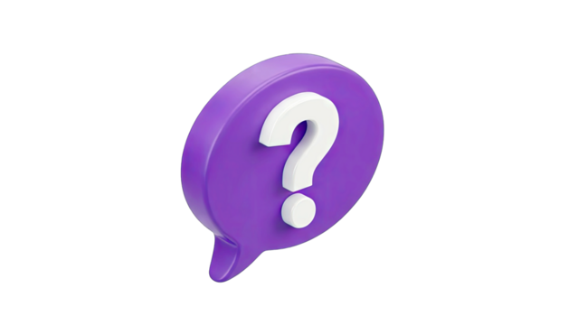 3D Rendered Purple Speech Bubble Containing a White Question Mark Isolated on a Transparent Background Symbolizing Inquiry or Doubt