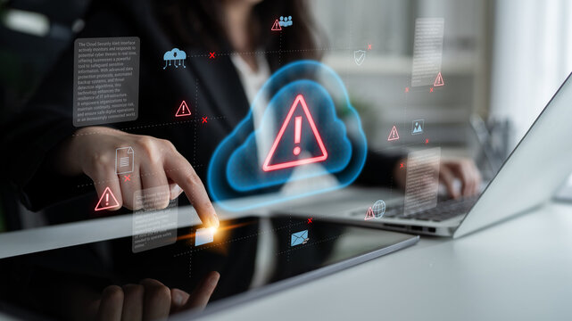 Cloud computing with alert icons and security elements, representing real-time threat detection, risk prevention, and digital infrastructure protection Parse