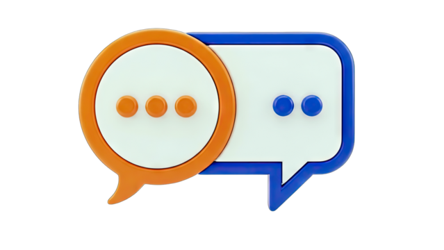 3D Rendered Speech Bubbles Orange and Blue with Dots Representing Conversation and Communication on a Transparent Background