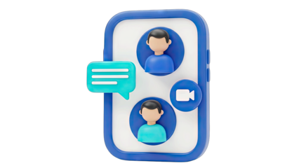 3D Smartphone Screen Displaying Video Call Interface with Chat Bubble and User Icons on a Transparent Background Suitable for Digital Communication Concepts
