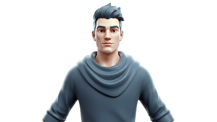 Young man with dark hair and gray cowl neck sweatshirt posing with a confident expression in a studio portrait against a clean white background with soft lighting highlighting his features