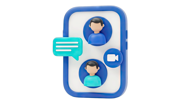 3D Smartphone Screen Displaying Video Call Interface with Chat Bubble and User Icons on a Transparent Background Suitable for Digital Communication Concepts
