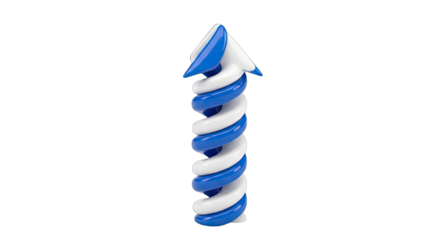 A 3D Rendered Arrow Pointing Upward with Blue and White Spiral Design Isolated on a Transparent Background Symbolizing Growth and Direction