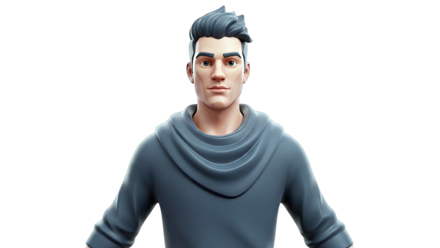 Young man with dark hair and gray cowl neck sweatshirt posing with a confident expression in a studio portrait against a clean white background with soft lighting highlighting his features