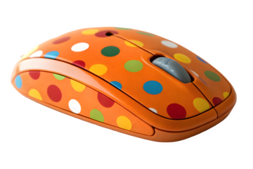 Orange computer mouse with colorful polka dots isolated on transparent background