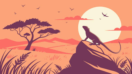 A lizard perched atop a rock against a setting sun with birds and tree silhouette view image