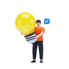 Young Man With Orange Shirt Holds Large Yellow Light Bulb With Check Mark Symbol Representing New Idea Solution or Innovation Concept on Transparent Background