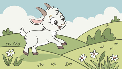 Cartoon goat frolicking in a green field with flowers and bushes under a cloudy sky illustration