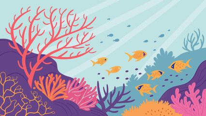 Illustration of coral reef with various corals and a school of small orange colored fish swimming by