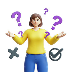 Young Woman Posing With Purple Question Marks Surrounded By Checkmark And Cross Symbols Expressing Doubt And Indecision Against A Clean Transparent Background