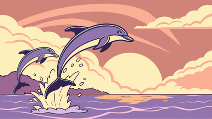 Two dolphins leaping from the ocean at sunset with clouds and a distant landmass in the background