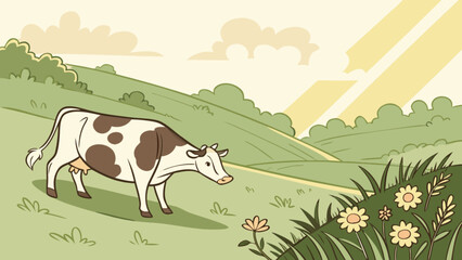 Cartoon illustration of a cow grazing in a green field with flowers and rolling hills in the background