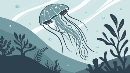 Illustration of a jellyfish with long tentacles swimming in an underwater environment with plants