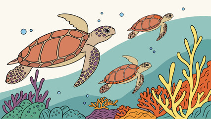 Illustration of three sea turtles swimming in the ocean with coral and bubbles around them underwater