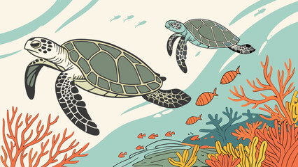 Two sea turtles swimming gracefully near a vibrant coral reef with small fish in the ocean water
