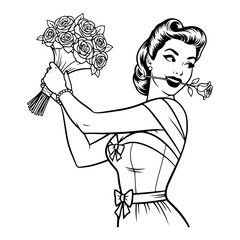 Retro pin-up girl holding flower bouquet and rose in her mouth vector illustration