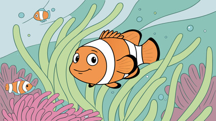 Cartoon clownfish swimming among sea anemones and seaweed in a colorful underwater scene illustration