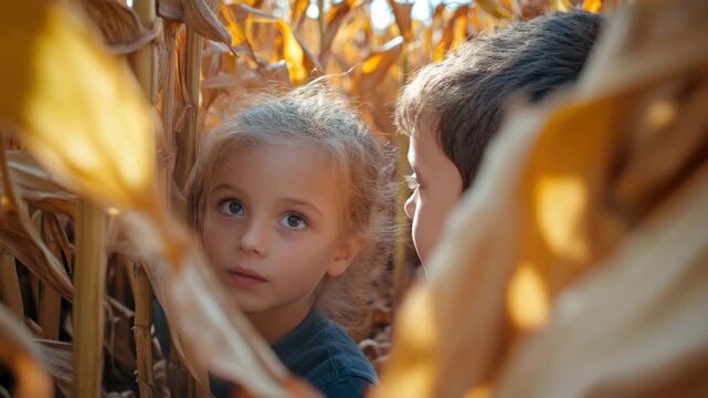 Children in a cornfield at sunset