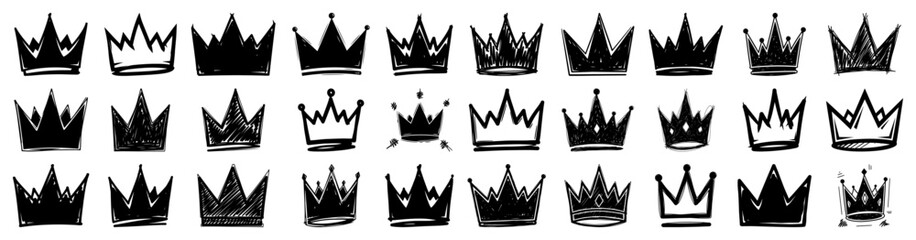 Large collection of rough hand drawn doodle crowns and royal sketch symbols for king and queen