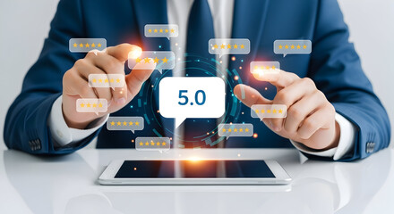 A businessman displaying a digital interface showing a 5.0 rating score, signifying excellent customer satisfaction and top-tier service quality today.