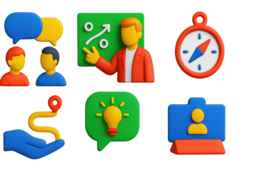 3D Mentorship Icons. 3D icon set of mentorship and coaching: two avatars with speech bubbles, coach pointing to diagram, compass