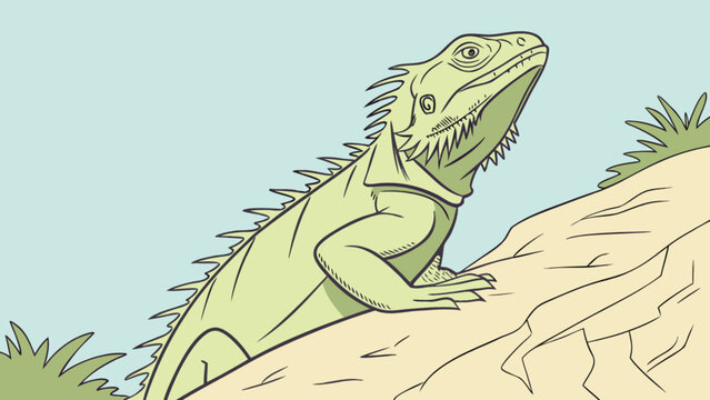 Illustration of a light green iguana perched atop a tan rock formation against a light blue sky background