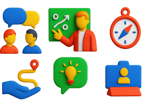 3D Mentorship Icons. 3D icon set of mentorship and coaching: two avatars with speech bubbles, coach pointing to diagram, compass