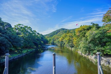青空バックに見る清らかな清流五十鈴川の情景