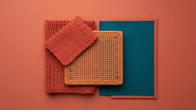 A geometric flat lay of textured materials, including coral knitted swatches, an orange grid, and a teal rectangle on a matching background.