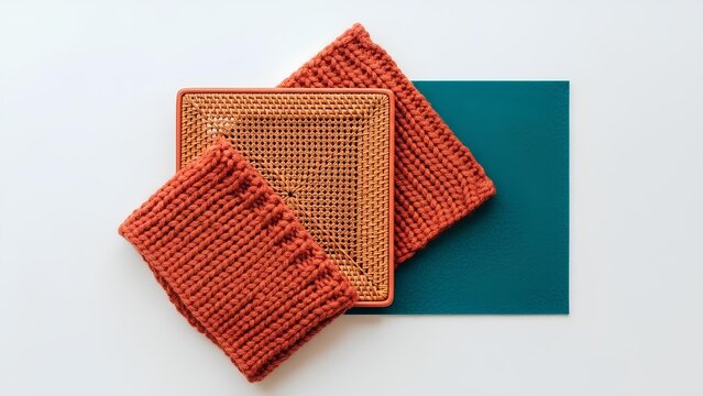 Three knitted textile squares arranged with a teal rectangle on a white background.