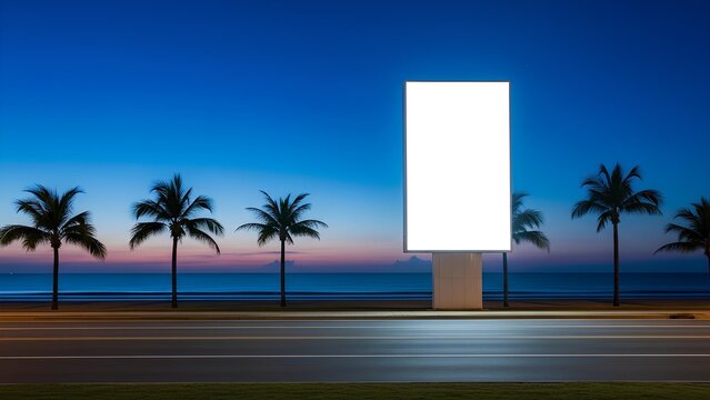 Illuminated blank billboard stands tall against a vibrant twilight sky, with palm trees lining the coast and a road in the foreground. - Powered by Adobe