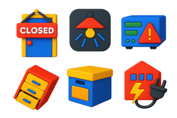 3D Shutdown Icons. 3D icon set of collapse and shutdown: “closed” sign over office door, lights turning off icon, file cabinet