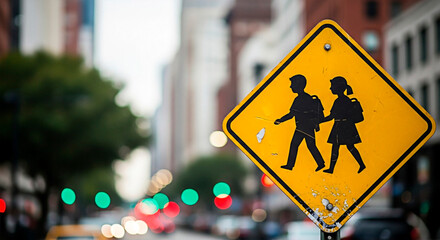 School zone warning sign with kids in a cityscape for the concept of education and urban safety.