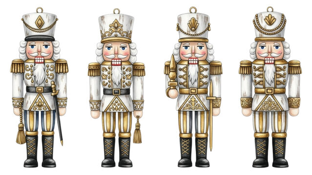 White and Gold Nutcracker Soldiers Set, Elegant Christmas Toy Guards, Festive Holiday Illustration