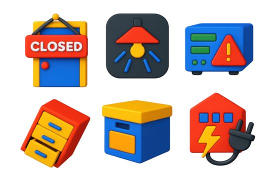 3D Shutdown Icons. 3D icon set of collapse and shutdown: “closed” sign over office door, lights turning off icon, file cabinet