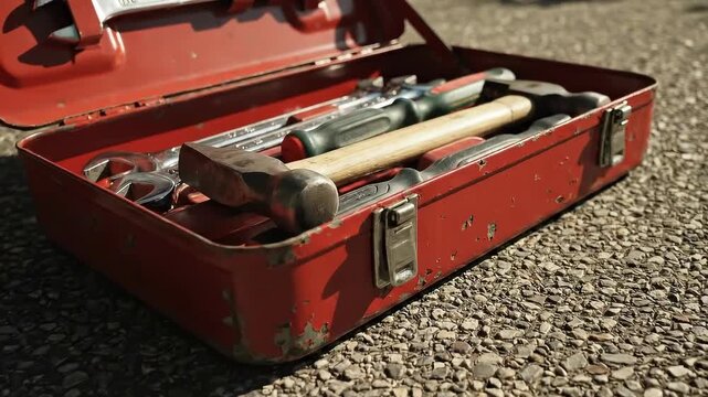 Red Toolbox with Tools on Concrete