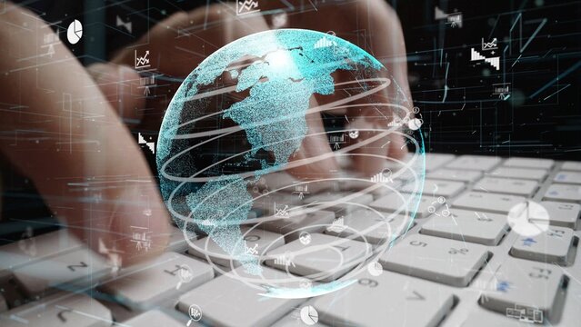 This image illustrates a futuristic concept of global connectivity featuring a digital earth overlay on hands typing on a keyboard in a modern workspace, emphasizing technology themes. Xenic