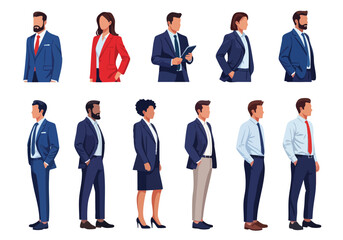A diverse collection of business professionals and corporate staff in various poses against a clean white background for illustrative vector design