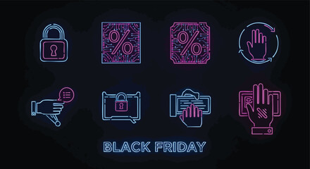 Digital commerce black friday sale concepts presented with neon security transaction and discount icons on a dark background for web design elements