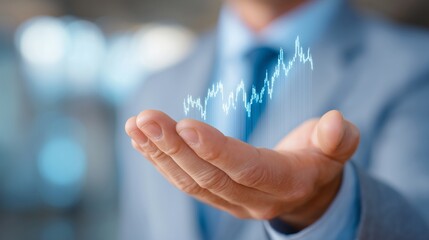A Businessman Holding a Digital Display of Growing Financial Data Trends to Demonstrate Market Insights and Investment Opportunities