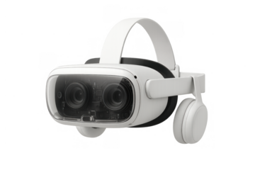 White virtual reality headset with built-in headphones on a transparent background, exploring future tech, gaming, and the metaverse
