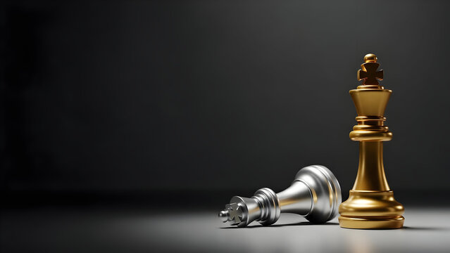Conceptual image displaying the strategic advantage in business, showing a golden chess king standing over the defeated silver king, victory is at hand.