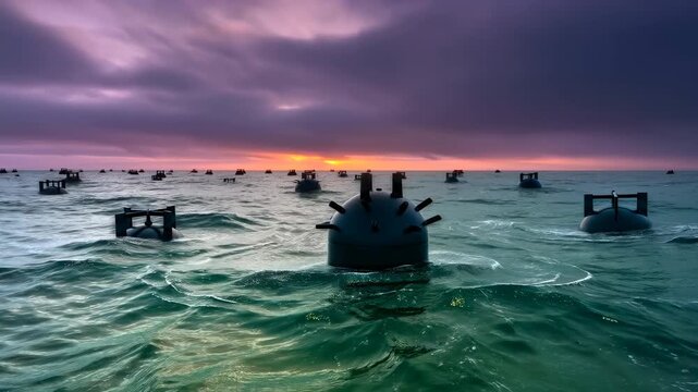 Ocean minefield at sunset with multiple naval mines floating on waves, concept of naval warfare and ocean peril