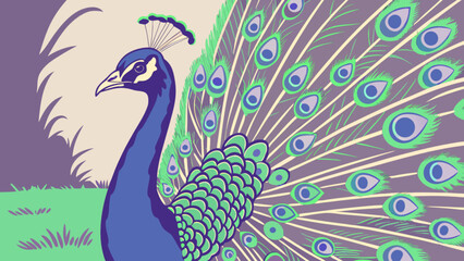 Fototapeta premium Illustration of a peacock with its tail feathers fanned out in a garden scene with trees behind it