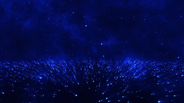 a particle shining like a cosmic blue sea with light rays form below and ethereal swirling clouds background. Gradient background with loop playback